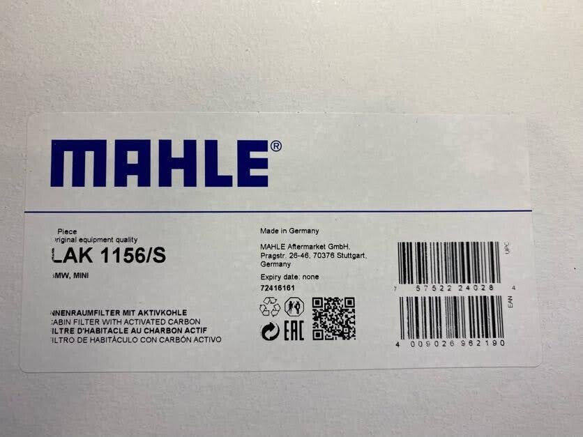 Mahle Cabin Air Filter - LAK 1156/S / 64316835405 -For BMW, Mini & Suzuki Ignis