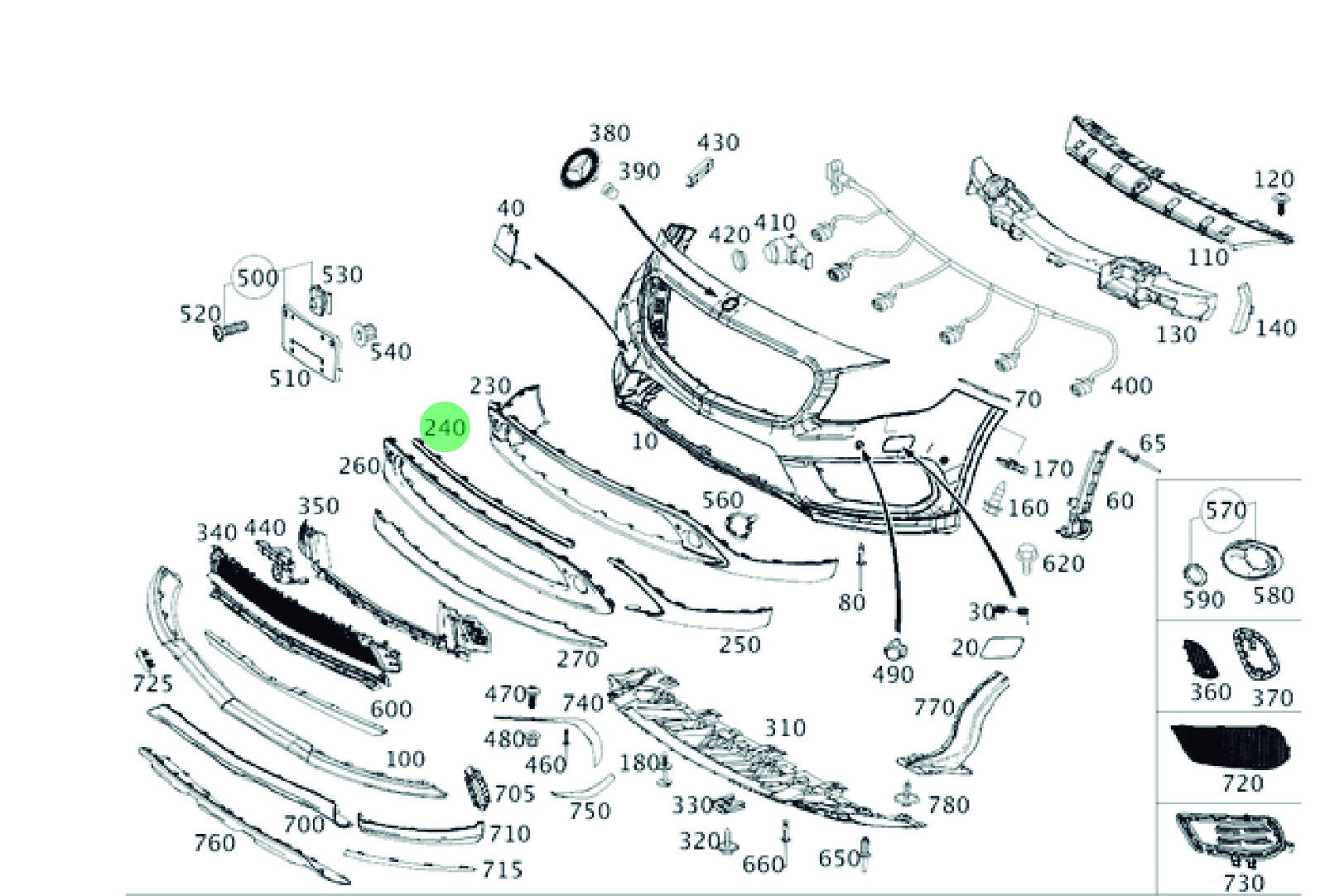 Mercedes-Benz Upper Center Bumper Trim - 156-885-07-25 -For MBZ GLA250 & More