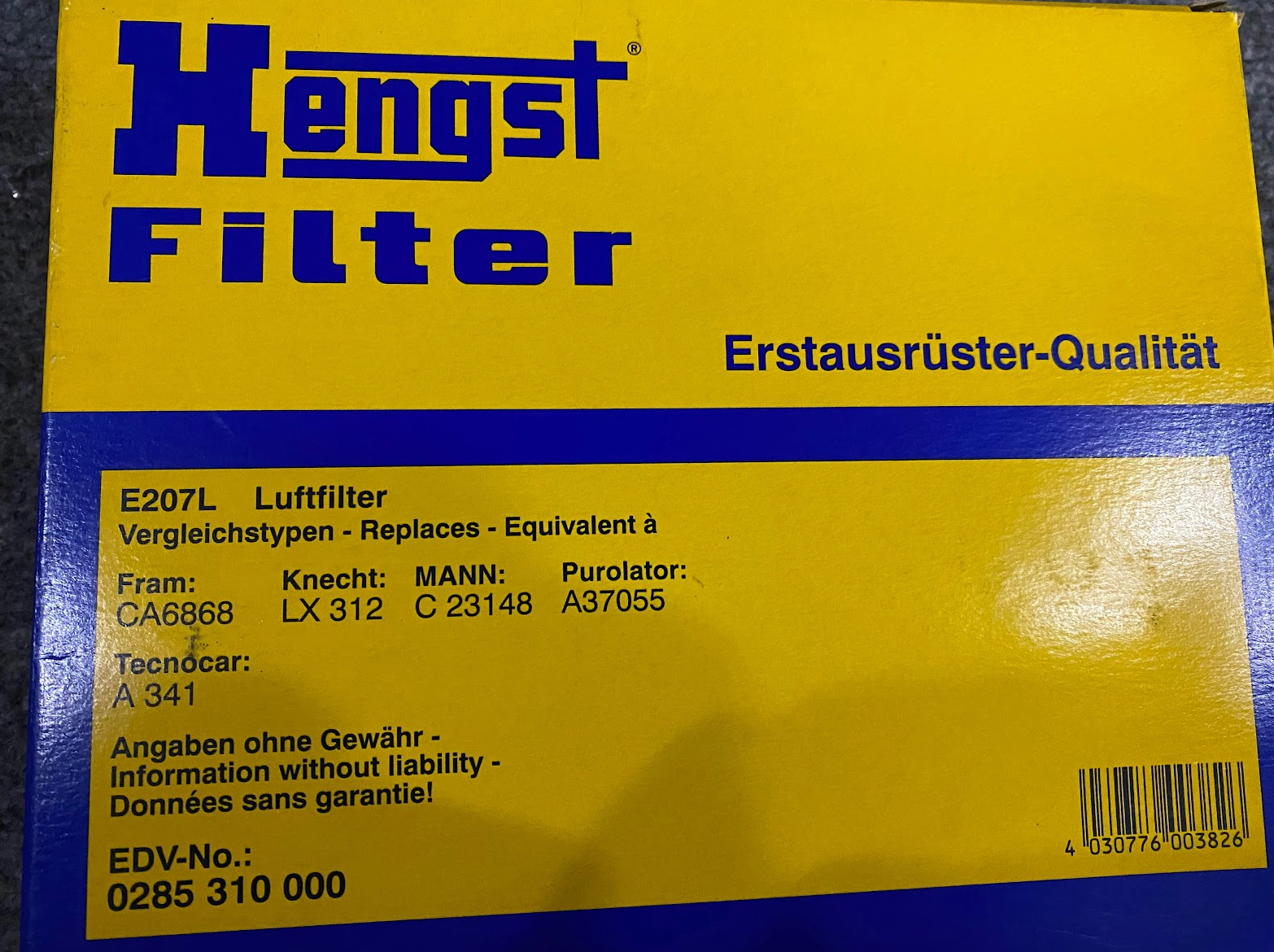 HENGST Air Filter - E207L / 602-094-04-04 - Fits Mercedes-Benz E300, 300D & 190D