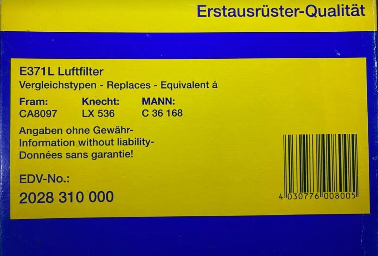 Hengst Air Filter - E371L / 003-094-73-04 - For MBZ SL320 1994-1997