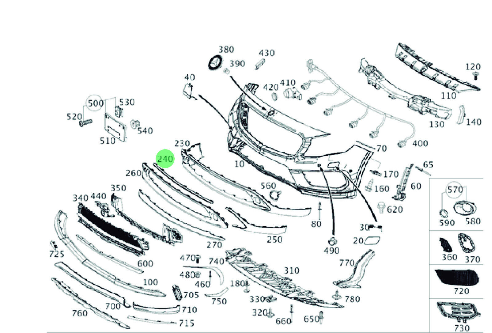 Mercedes-Benz Upper Center Bumper Trim - 156-885-07-25 -For MBZ GLA250 & More