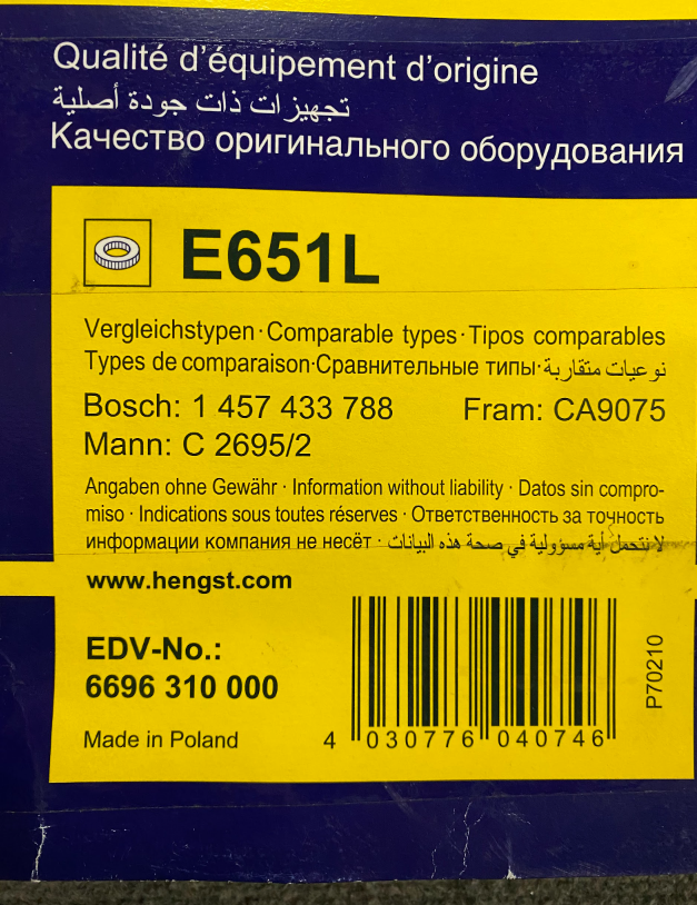 Hengst Air Filter - E651L / 1370940104 - Mercedes-Benz For S600, CL600 00-02