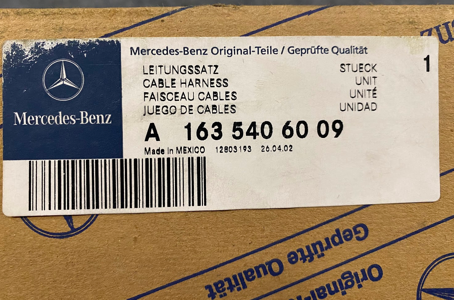 Mercedes-Benz Front LH Door Wiring Harness - A 163 540 60 09 - Fits MBZ ML-Class
