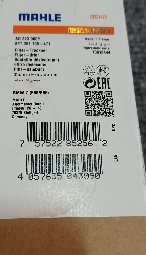 MAHLE Air Conditioning Dryer - 8FT 351 198-471 / OE 64-53-6-907-403 - Fits BMW