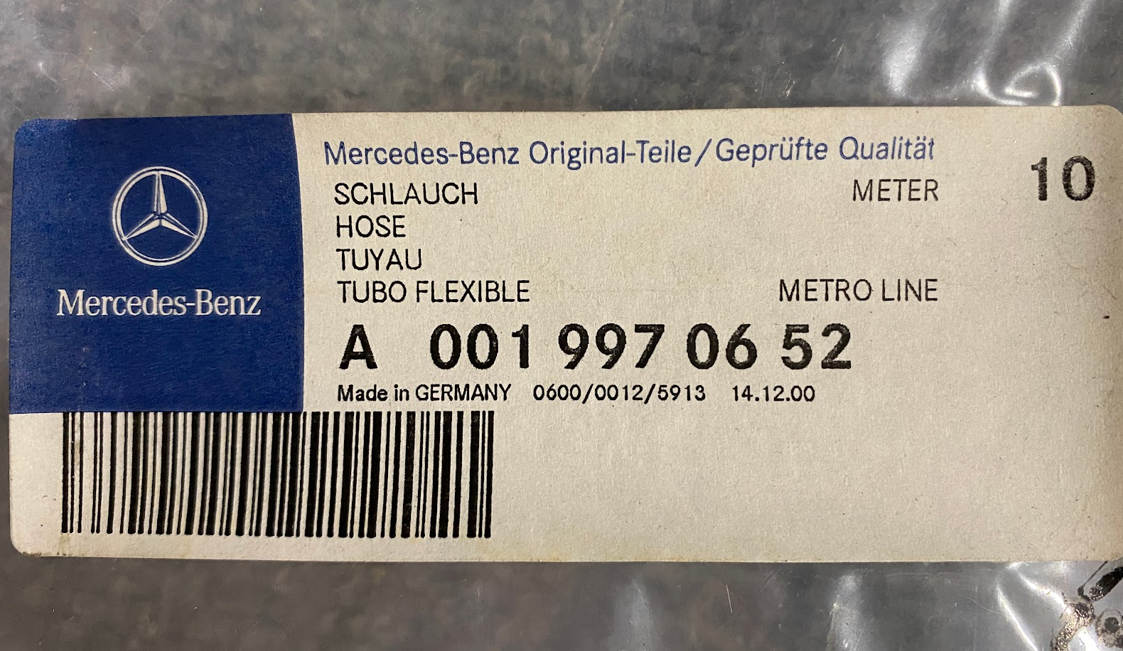 Mercedes-Benz 10 Meters Hose - A 001 997 06 52 - Fits MBZ W124 1984-1997
