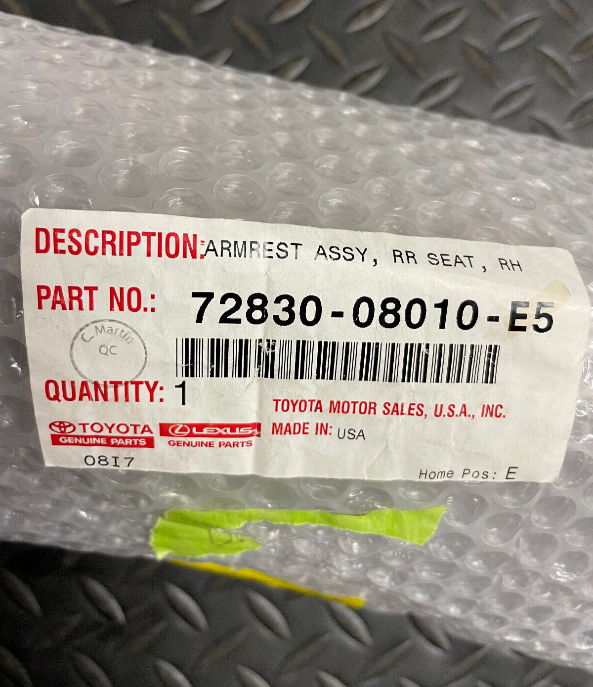 Toyota Rear RH Armrest Assy - 72830-08010-E5 - For Toyota Sienna 15 - 20